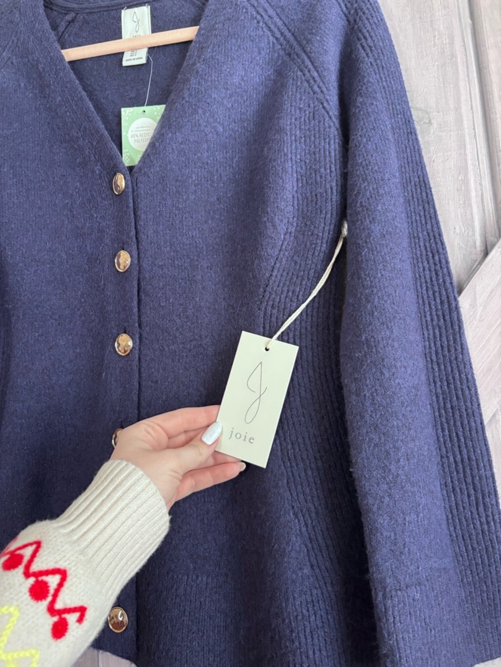 Anthropologie Joie Navy Soft Knit Cardigan Gold Buttons Ribbed Feminine Sweater - Picture 6 of 7